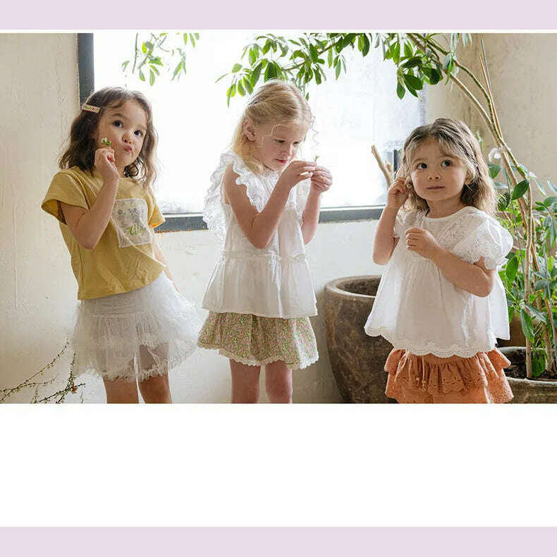 Blouses Summer Korea Girls Children Clothing Sweet Lovely Cotton Puff Sleeve Short Sleeved Shirt 2024 Simple Fashion