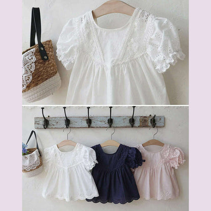 Blouses Summer Korea Girls Children Clothing Sweet Lovely Cotton Puff Sleeve Short Sleeved Shirt 2024 Simple Fashion