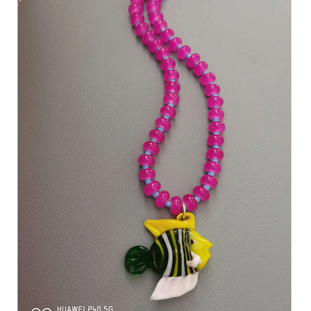 Bohemian Colorful Glaze Fish Pendant for Women Striped Beaded Necklace Seaside Vacation Party Accessories