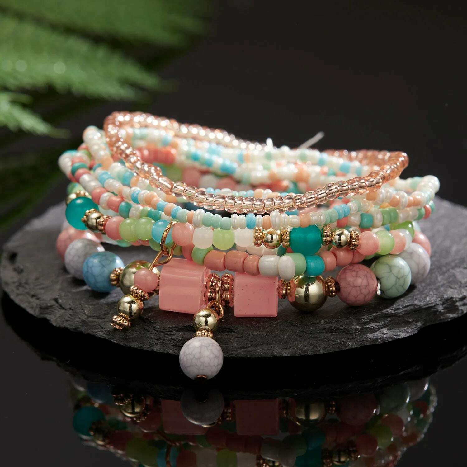 Bohemian Handmade Braided Resin Beaded Bracelets For Women Summer Colorful Natural Stone Geometric Chain Bangle Girls Jewelry