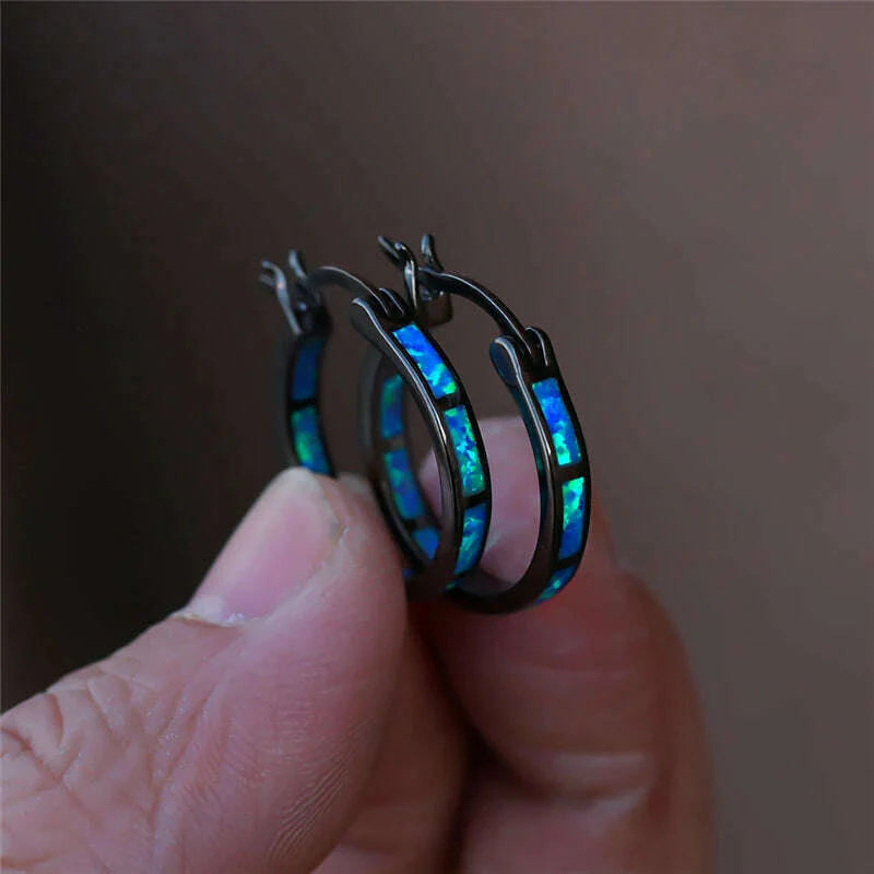 Boho Female Blue White Opal Jewelry Yellow Gold Color Wedding Earrings For Women Vintage Bride Round Big Hoop Earring