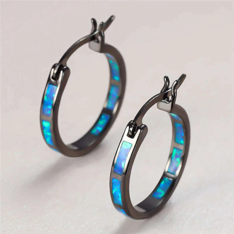 Boho Female Blue White Opal Jewelry Yellow Gold Color Wedding Earrings For Women Vintage Bride Round Big Hoop Earring