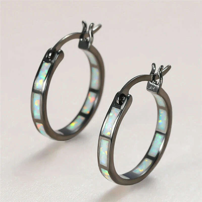 Boho Female Blue White Opal Jewelry Yellow Gold Color Wedding Earrings For Women Vintage Bride Round Big Hoop Earring