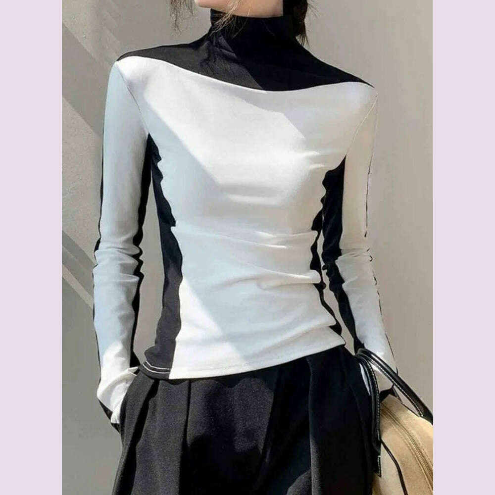 Bonboho 2025 Spring Temperament Women's Tops Black and White Contrast Color T-shirt High Neck Long Sleeves Slim Fit Shits