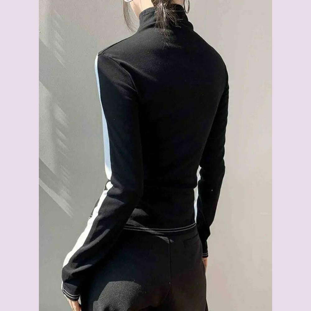 Bonboho 2025 Spring Temperament Women's Tops Black and White Contrast Color T-shirt High Neck Long Sleeves Slim Fit Shits