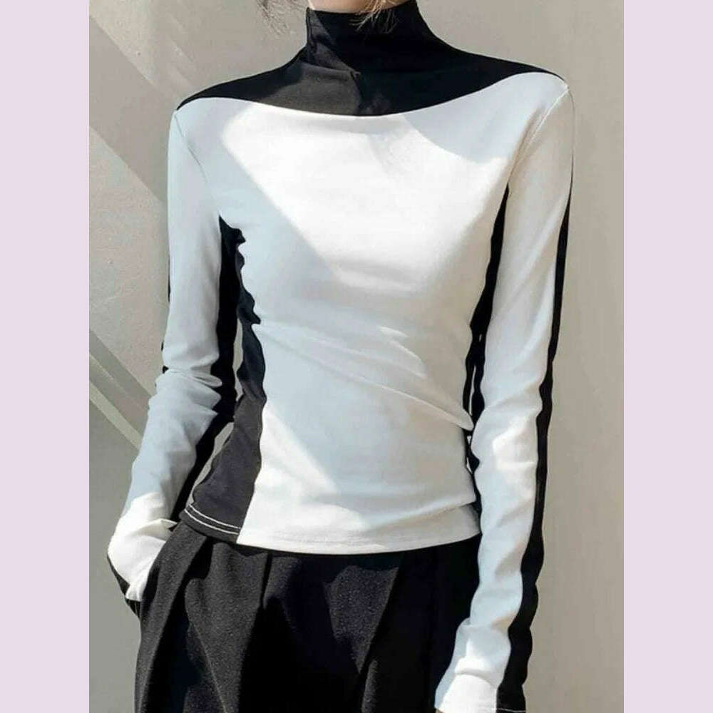 Bonboho 2025 Spring Temperament Women's Tops Black and White Contrast Color T-shirt High Neck Long Sleeves Slim Fit Shits