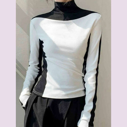 Bonboho 2025 Spring Temperament Women's Tops Black and White Contrast Color T-shirt High Neck Long Sleeves Slim Fit Shits