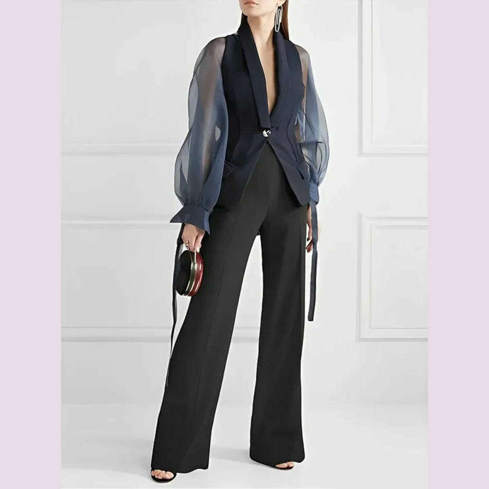 Bonboho Blazer Suits Top for Women Lapel V-neck Puff Sleeve Buttoned Shirt & Blouse for Urban Female Spring and Summer Tops