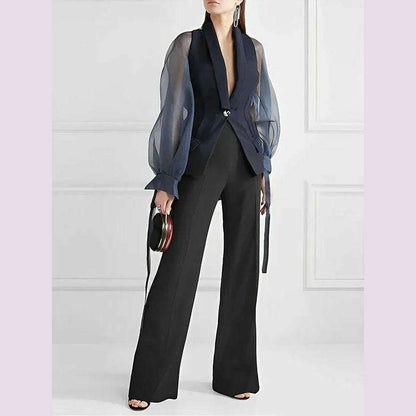 Bonboho Blazer Suits Top for Women Lapel V-neck Puff Sleeve Buttoned Shirt & Blouse for Urban Female Spring and Summer Tops