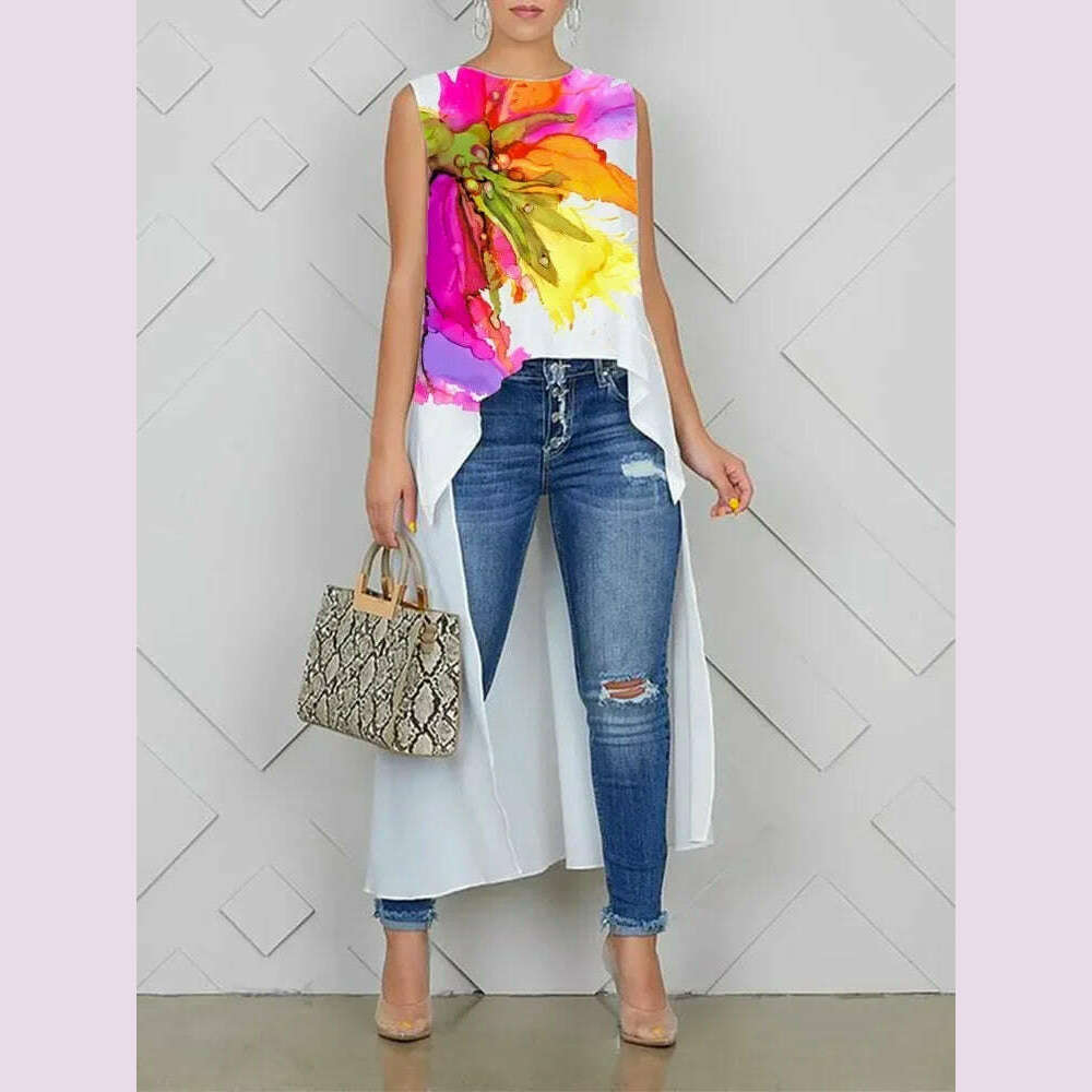 Bonboho Women's Summer Fashion Vest Top Round Neck Floral Print Extra-long Shirts A-line Pleated T-shirt 2025 New for Female