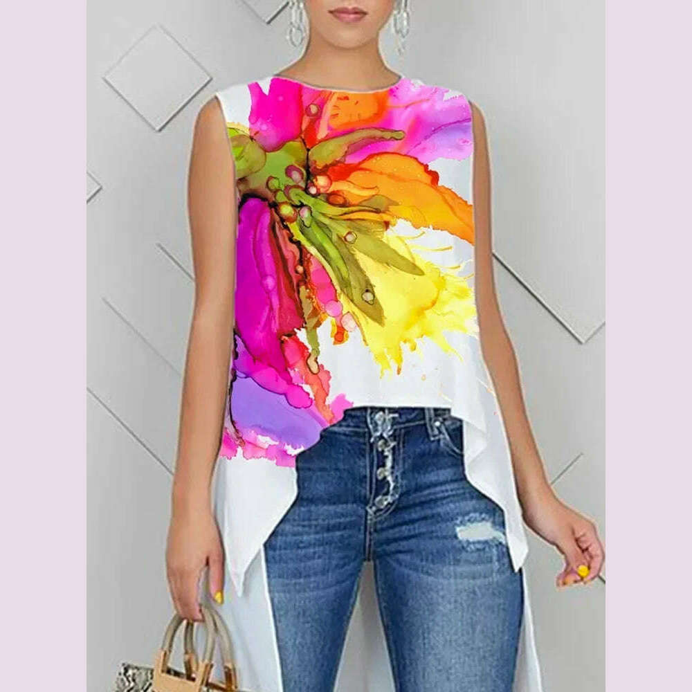 Bonboho Women's Summer Fashion Vest Top Round Neck Floral Print Extra-long Shirts A-line Pleated T-shirt 2025 New for Female