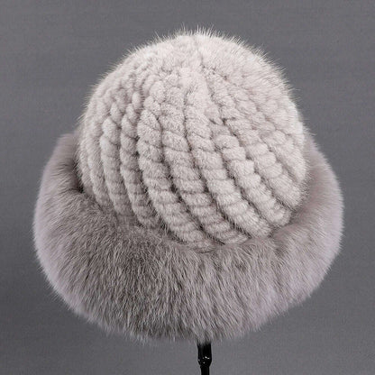 BOONJOVIA Women's Luxury Genuine Mink Fur Beanie Hat With Fox Fur Trim Brim Top Cap Lady Winter Fur Hats Warm Fluffy