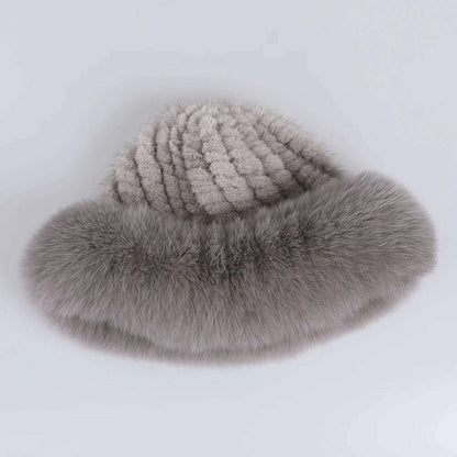 BOONJOVIA Women's Luxury Genuine Mink Fur Beanie Hat With Fox Fur Trim Brim Top Cap Lady Winter Fur Hats Warm Fluffy