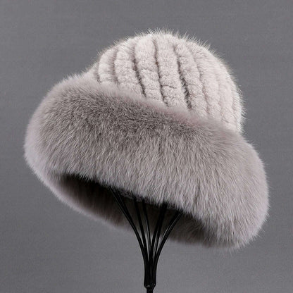 BOONJOVIA Women's Luxury Genuine Mink Fur Beanie Hat With Fox Fur Trim Brim Top Cap Lady Winter Fur Hats Warm Fluffy