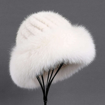 BOONJOVIA Women's Luxury Genuine Mink Fur Beanie Hat With Fox Fur Trim Brim Top Cap Lady Winter Fur Hats Warm Fluffy