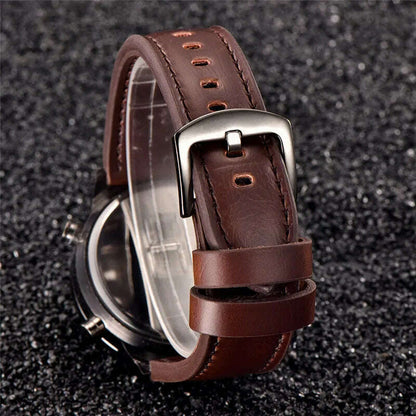 Brand Chronograph Business Watch For Men Fashion Leather Band Alarm Stopwatch Multi-function Movement Electronic Clock Black