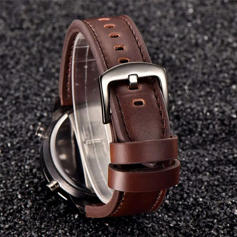 Brand Chronograph Business Watch For Men Fashion Leather Band Alarm Stopwatch Multi-function Movement Electronic Clock Black