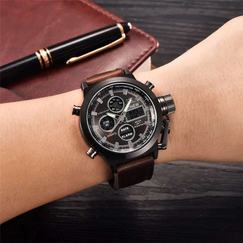 Brand Chronograph Business Watch For Men Fashion Leather Band Alarm Stopwatch Multi-function Movement Electronic Clock Black