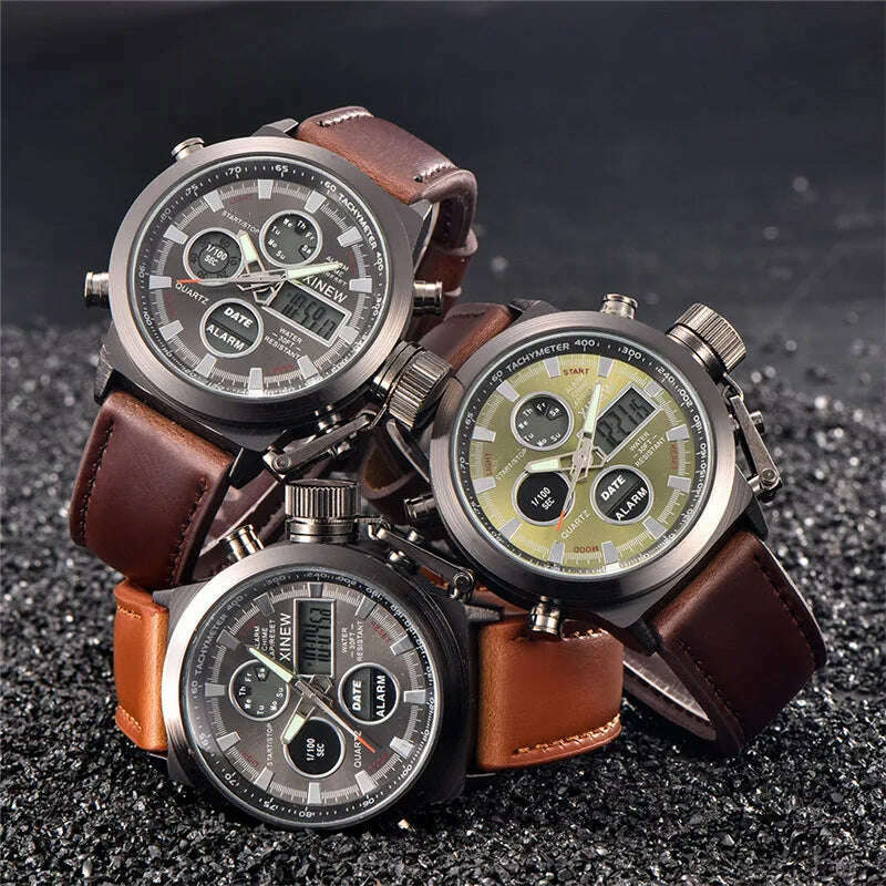 Brand Chronograph Business Watch For Men Fashion Leather Band Alarm Stopwatch Multi-function Movement Electronic Clock Black
