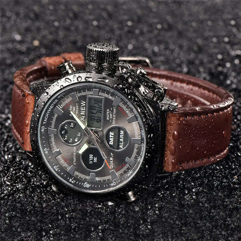 Brand Chronograph Business Watch For Men Fashion Leather Band Alarm Stopwatch Multi-function Movement Electronic Clock Black