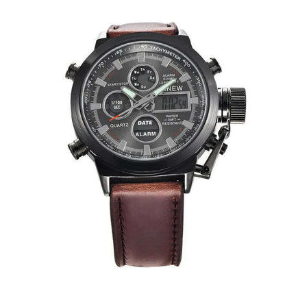 Brand Chronograph Business Watch For Men Fashion Leather Band Alarm Stopwatch Multi-function Movement Electronic Clock Black