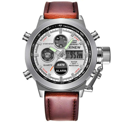 Brand Chronograph Business Watch For Men Fashion Leather Band Alarm Stopwatch Multi-function Movement Electronic Clock Black
