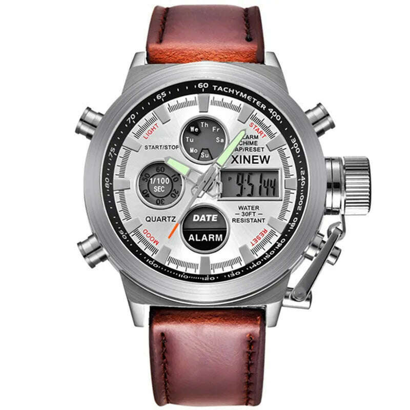 Brand Chronograph Business Watch For Men Fashion Leather Band Alarm Stopwatch Multi-function Movement Electronic Clock Black