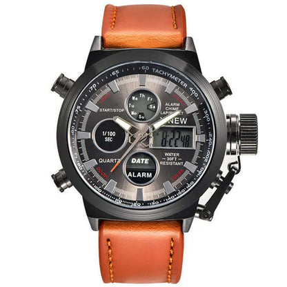 Brand Chronograph Business Watch For Men Fashion Leather Band Alarm Stopwatch Multi-function Movement Electronic Clock Black