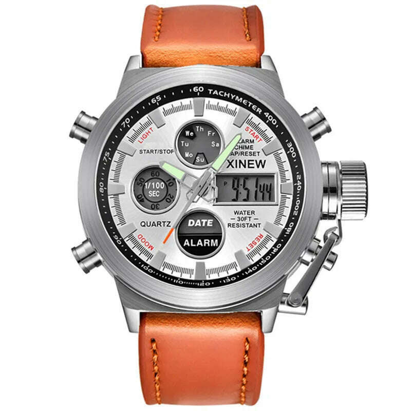 Brand Chronograph Business Watch For Men Fashion Leather Band Alarm Stopwatch Multi-function Movement Electronic Clock Black
