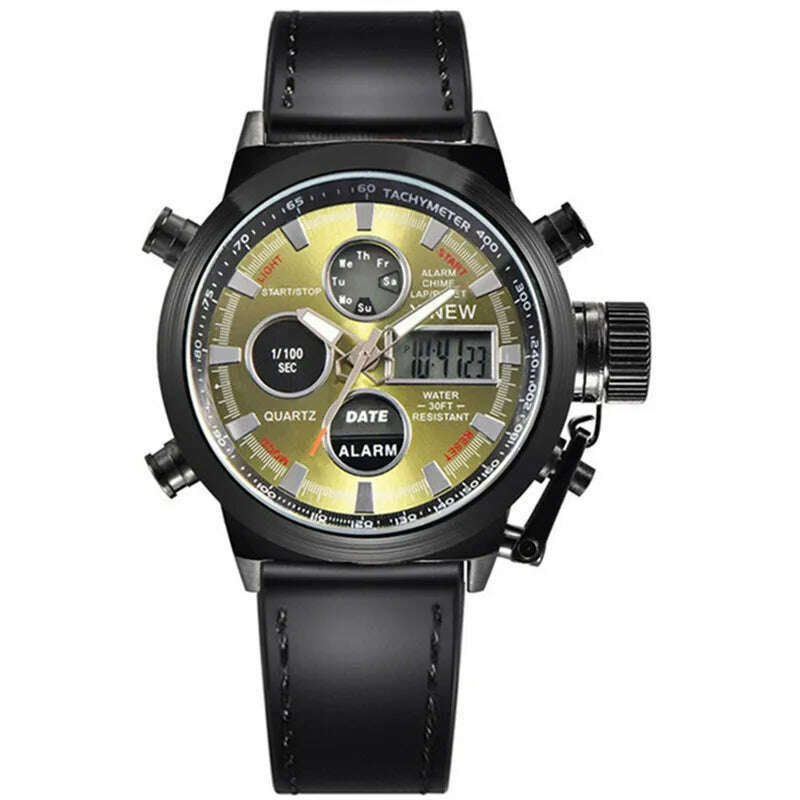 Brand Chronograph Business Watch For Men Fashion Leather Band Alarm Stopwatch Multi-function Movement Electronic Clock Black