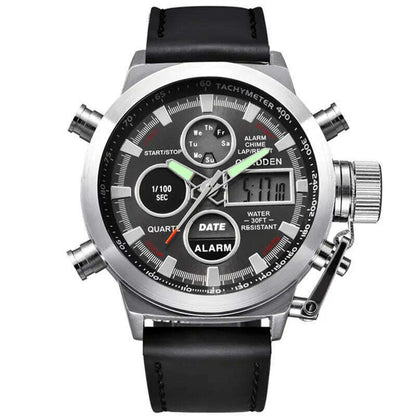 Brand Chronograph Business Watch For Men Fashion Leather Band Alarm Stopwatch Multi-function Movement Electronic Clock Black