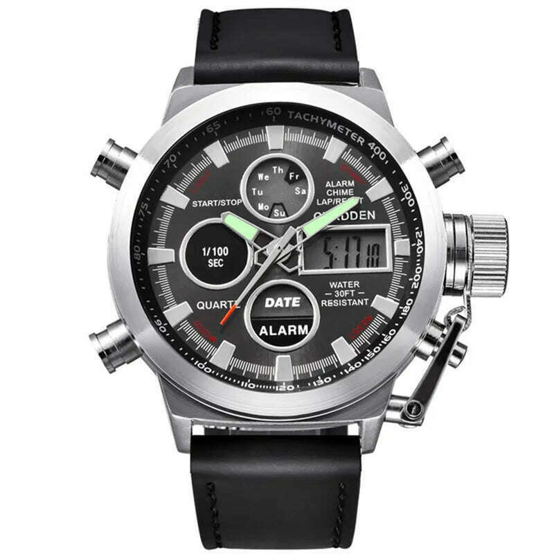 Brand Chronograph Business Watch For Men Fashion Leather Band Alarm Stopwatch Multi-function Movement Electronic Clock Black