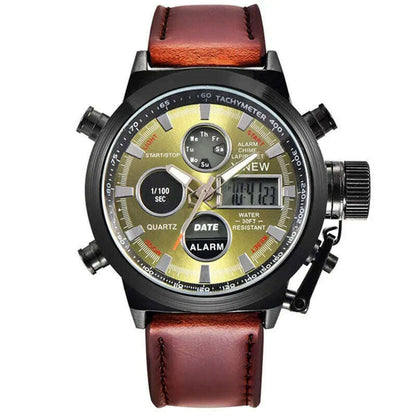 Brand Chronograph Business Watch For Men Fashion Leather Band Alarm Stopwatch Multi-function Movement Electronic Clock Black