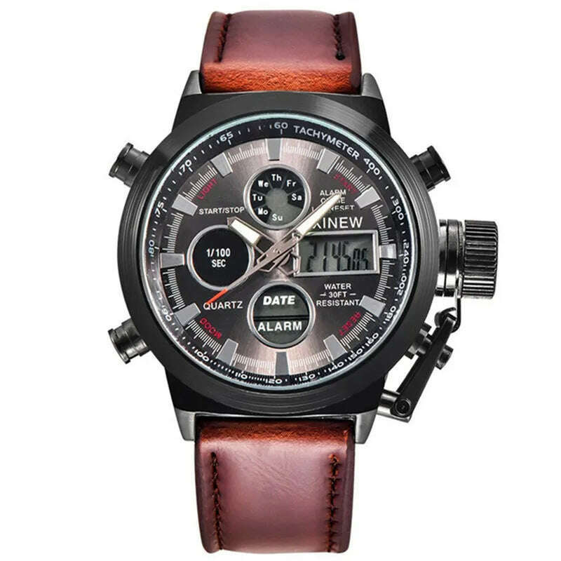 Brand Chronograph Business Watch For Men Fashion Leather Band Alarm Stopwatch Multi-function Movement Electronic Clock Black