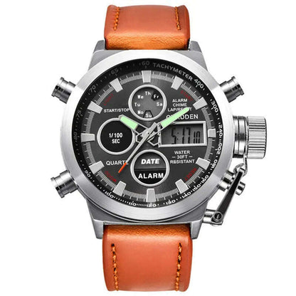 Brand Chronograph Business Watch For Men Fashion Leather Band Alarm Stopwatch Multi-function Movement Electronic Clock Black