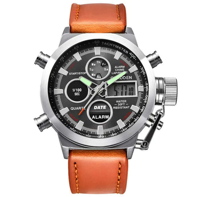Brand Chronograph Business Watch For Men Fashion Leather Band Alarm Stopwatch Multi-function Movement Electronic Clock Black