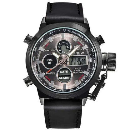 Brand Chronograph Business Watch For Men Fashion Leather Band Alarm Stopwatch Multi-function Movement Electronic Clock Black