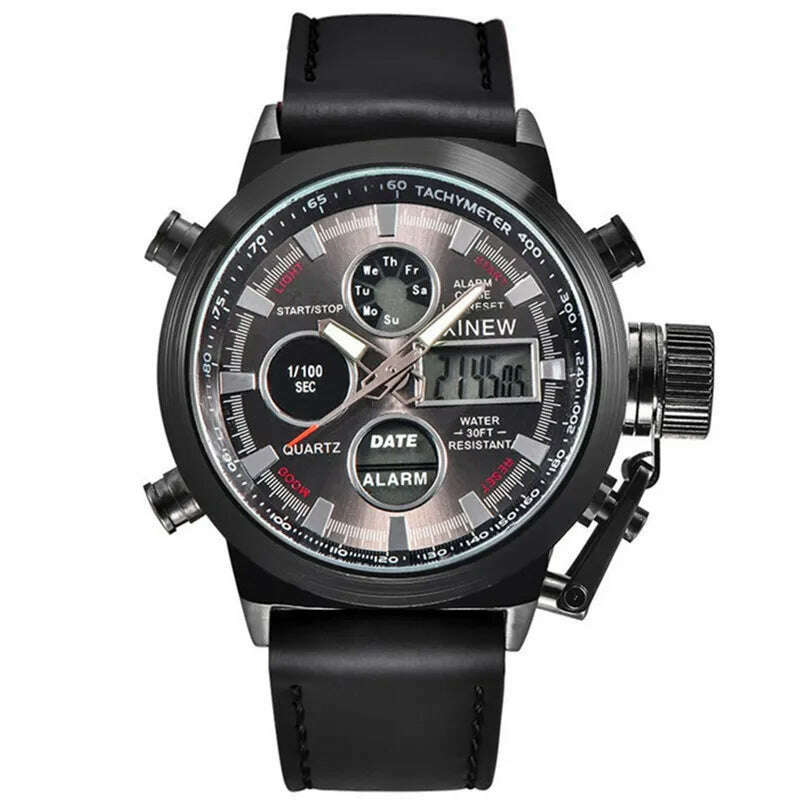 Brand Chronograph Business Watch For Men Fashion Leather Band Alarm Stopwatch Multi-function Movement Electronic Clock Black