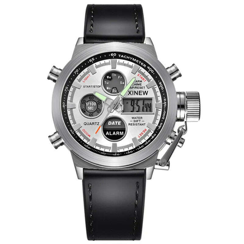 Brand Chronograph Business Watch For Men Fashion Leather Band Alarm Stopwatch Multi-function Movement Electronic Clock Black