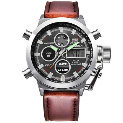 Brand Chronograph Business Watch For Men Fashion Leather Band Alarm Stopwatch Multi-function Movement Electronic Clock Black