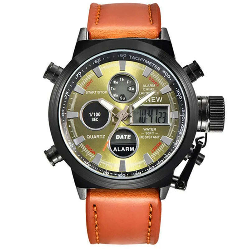 Brand Chronograph Business Watch For Men Fashion Leather Band Alarm Stopwatch Multi-function Movement Electronic Clock Black