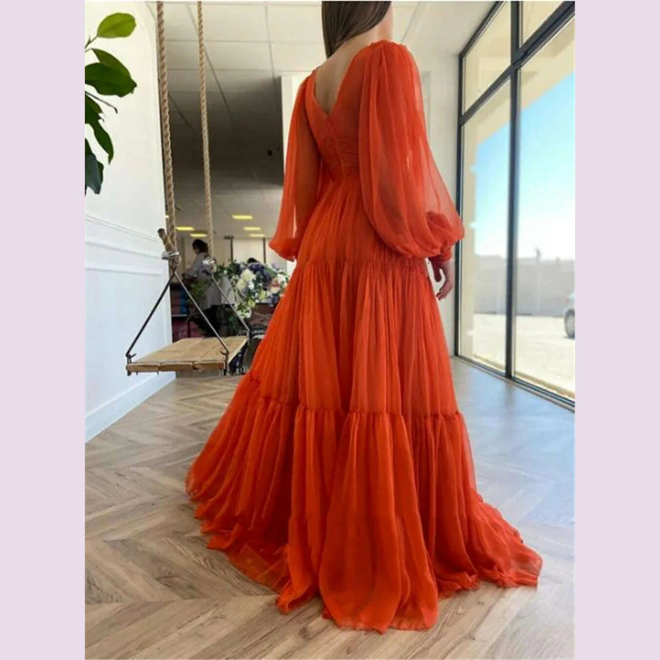 Bridalaffair Pleat Tulle Princess Prom Gown V-Neck Long Puff Sleeve Plus Size Evening Gown Elegant Dress Women for Wedding Party