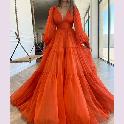 Bridalaffair Pleat Tulle Princess Prom Gown V-Neck Long Puff Sleeve Plus Size Evening Gown Elegant Dress Women for Wedding Party