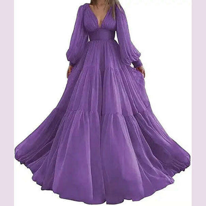 Bridalaffair Pleat Tulle Princess Prom Gown V-Neck Long Puff Sleeve Plus Size Evening Gown Elegant Dress Women for Wedding Party