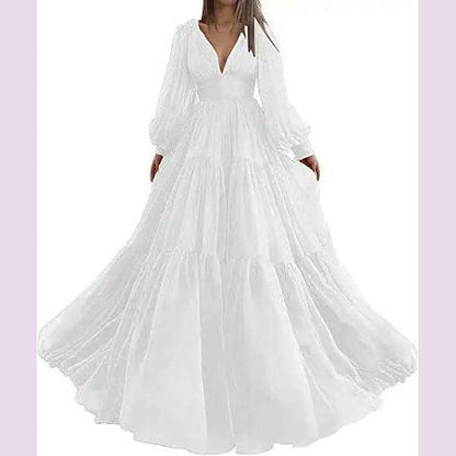 Bridalaffair Pleat Tulle Princess Prom Gown V-Neck Long Puff Sleeve Plus Size Evening Gown Elegant Dress Women for Wedding Party