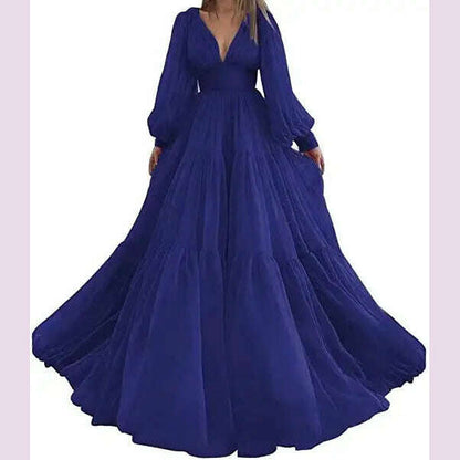 Bridalaffair Pleat Tulle Princess Prom Gown V-Neck Long Puff Sleeve Plus Size Evening Gown Elegant Dress Women for Wedding Party