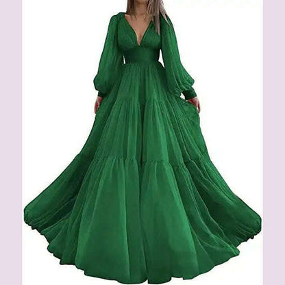 Bridalaffair Pleat Tulle Princess Prom Gown V-Neck Long Puff Sleeve Plus Size Evening Gown Elegant Dress Women for Wedding Party