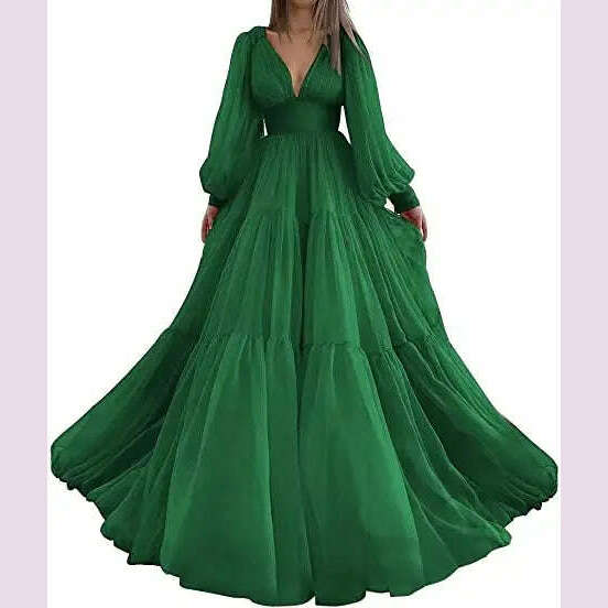 Bridalaffair Pleat Tulle Princess Prom Gown V-Neck Long Puff Sleeve Plus Size Evening Gown Elegant Dress Women for Wedding Party