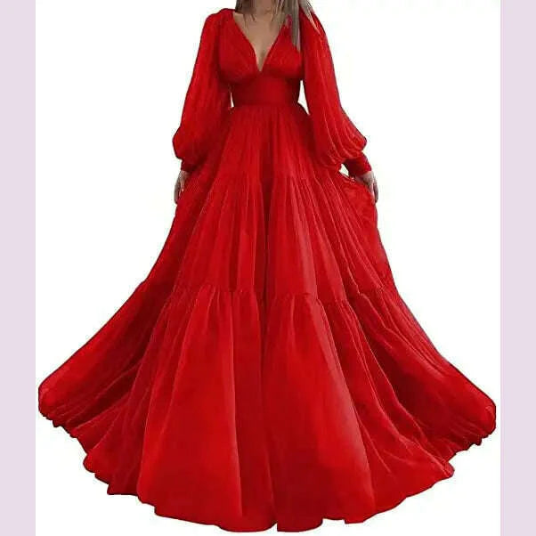 Bridalaffair Pleat Tulle Princess Prom Gown V-Neck Long Puff Sleeve Plus Size Evening Gown Elegant Dress Women for Wedding Party