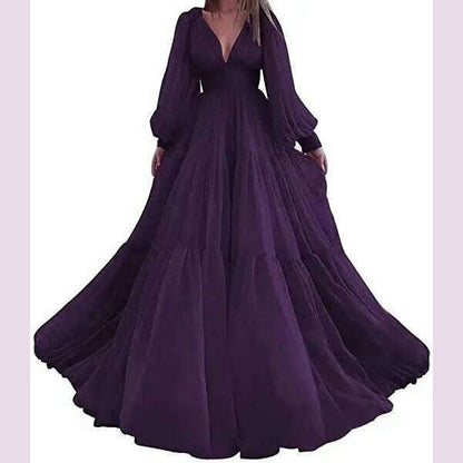 Bridalaffair Pleat Tulle Princess Prom Gown V-Neck Long Puff Sleeve Plus Size Evening Gown Elegant Dress Women for Wedding Party